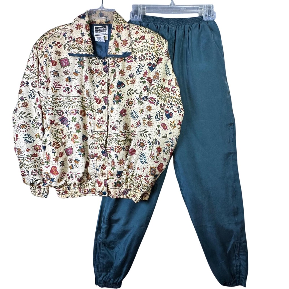 Details Express Vintage 100% Silk Floral Tracksuit Set 90s Floral Boho Teal Sz S